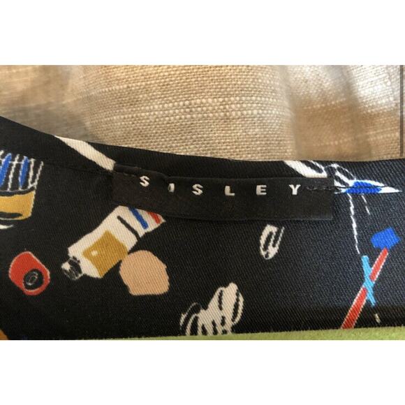 Sisley Black Print Artsy Paint 100% Silk Top Blouse Shirt, Sheer Sleeves, Med - Picture 3 of 6